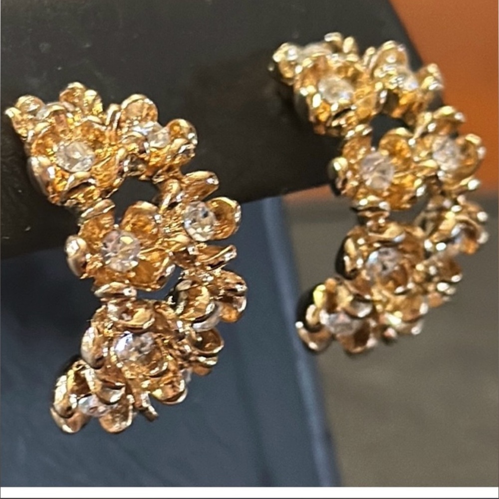Double Row Flower Gold-Tone Post Back Rhinestone Adorned Earrings - Picture 4 of 8